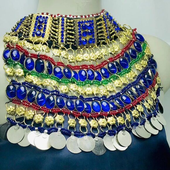 Blue Stone Beads Choker Necklace, Afghan Tribal Choker Necklace, Boho Statement - Picture 2 of 11